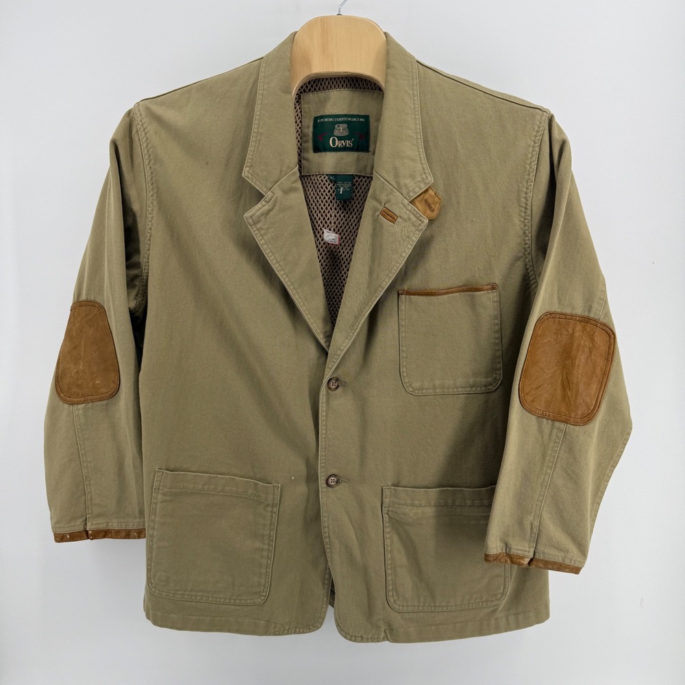Vintage Orvis Zambezi Khaki Canvas Field Jacket Leather Elbow Patches XL
